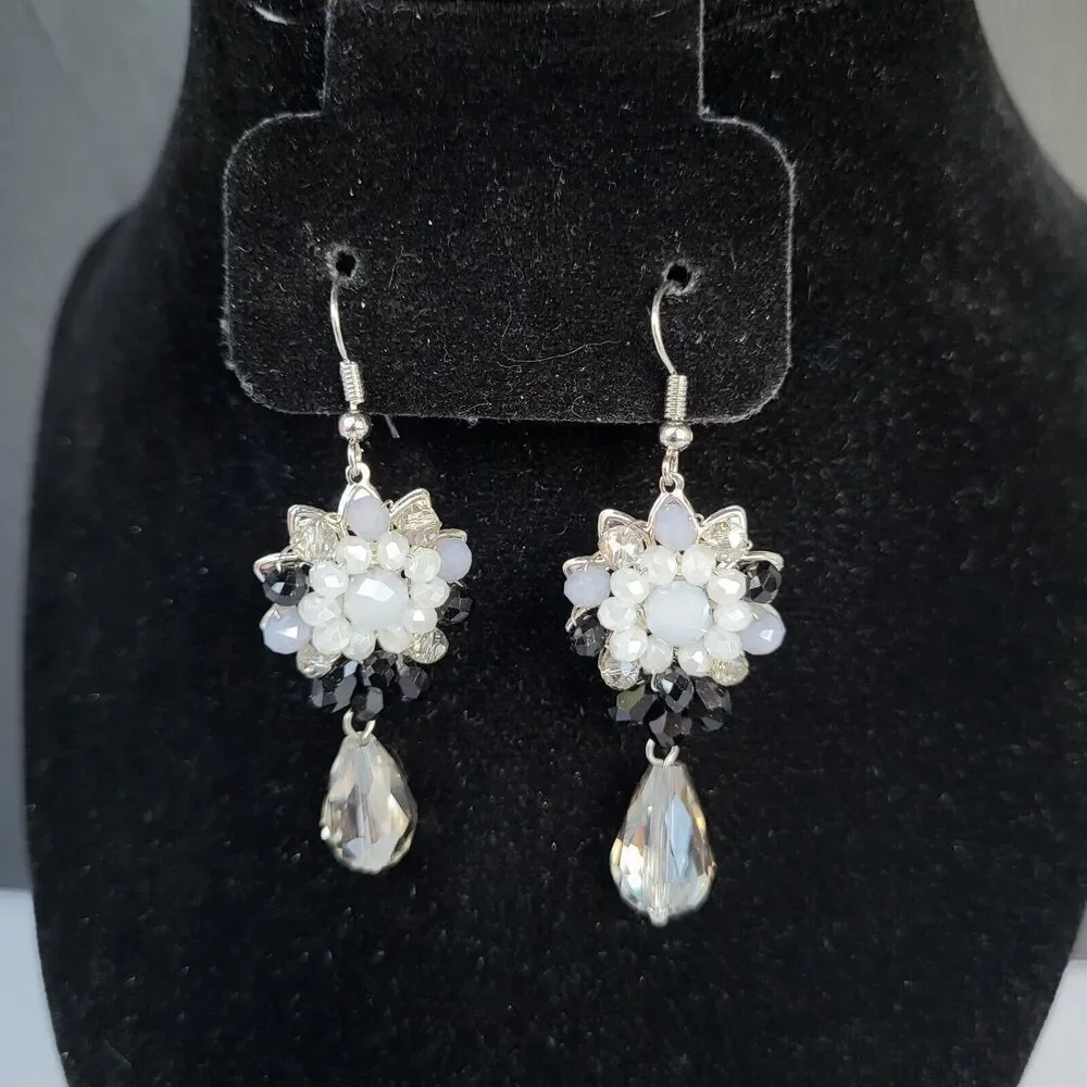 Beautiful Grayscale Fairy Flower Crystal Tear Drop Earrings 2.5 in